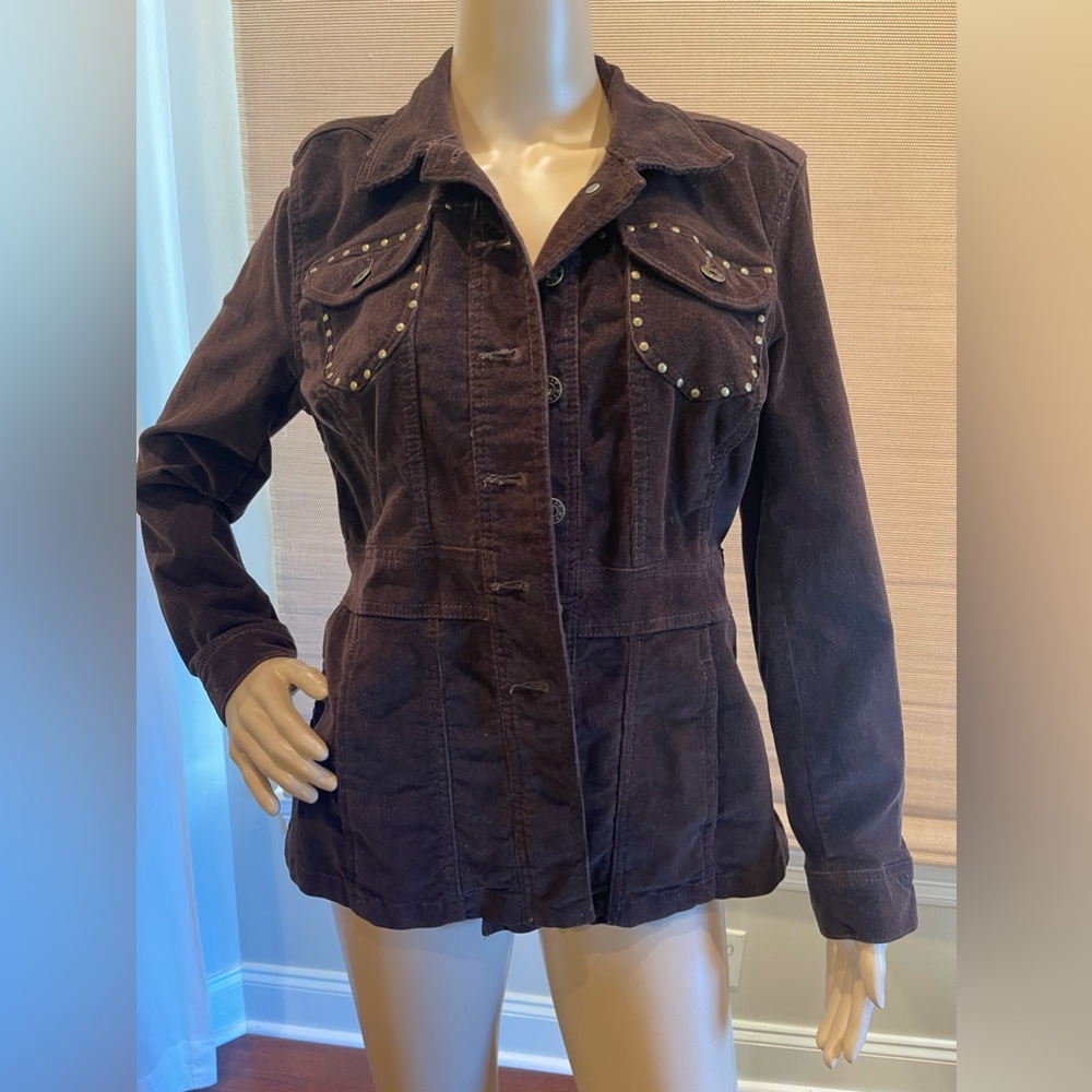 Women's Corduroy Jacket Size S Brown Button Front Pockets Studs Kikit Jeans
